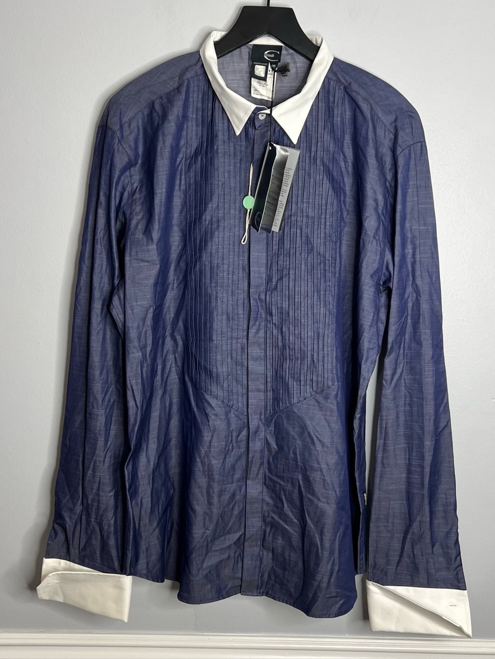 Robert Just Cavalli Tuxedo Pleated French Cuff Button Shirt Men IT 56 Indigo NWT